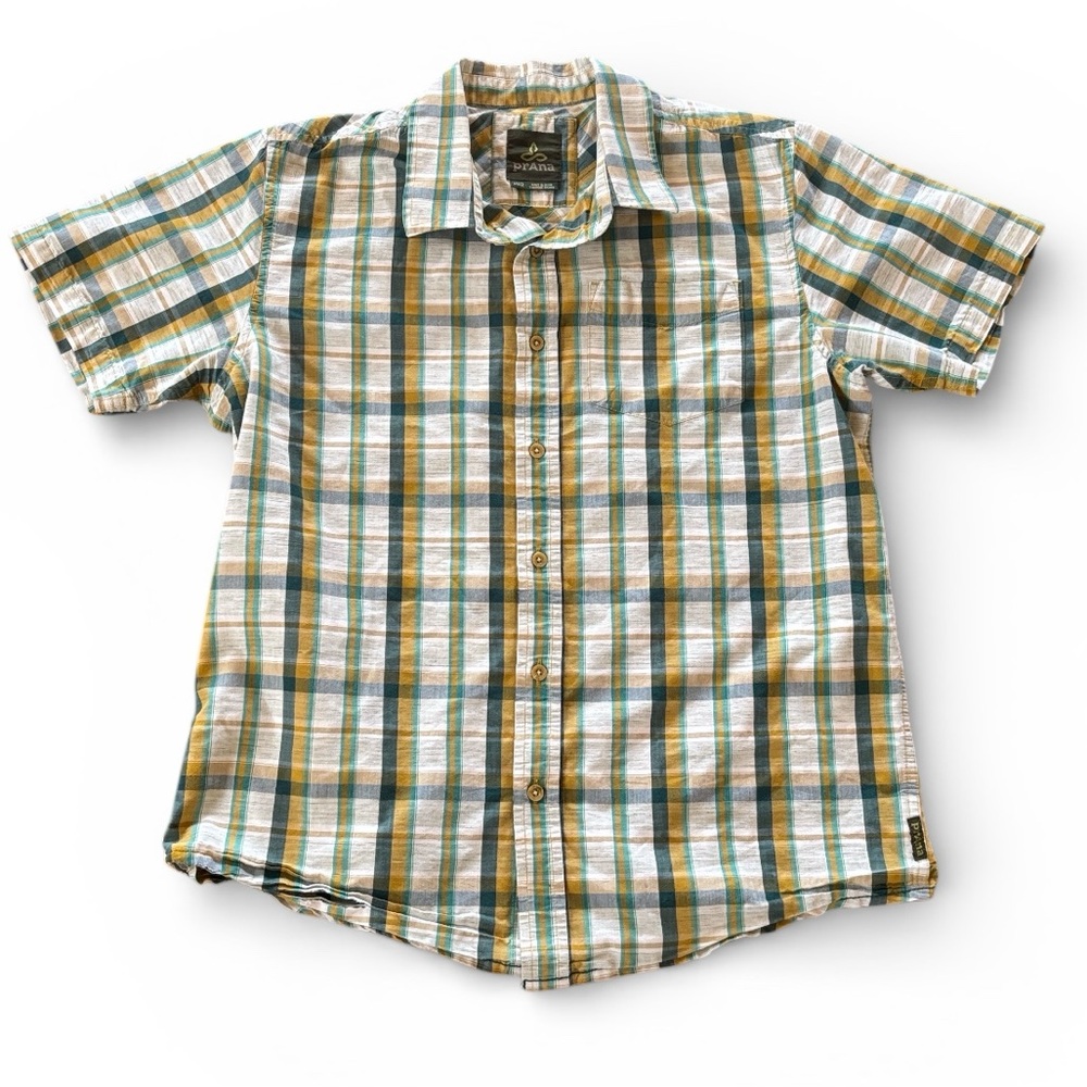 PrAna Mens‎ Plaid Blue Gold White Short Sleeve Button Down Shirt Size M
